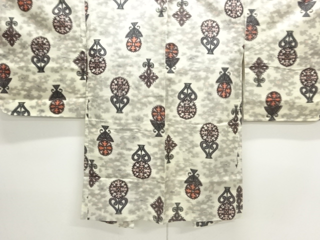 JAPANESE ANTIQUE HAORI / TAISHO ROMAN STYLE / SILK / MEISEN / WOVEN FLORAL PLANTS